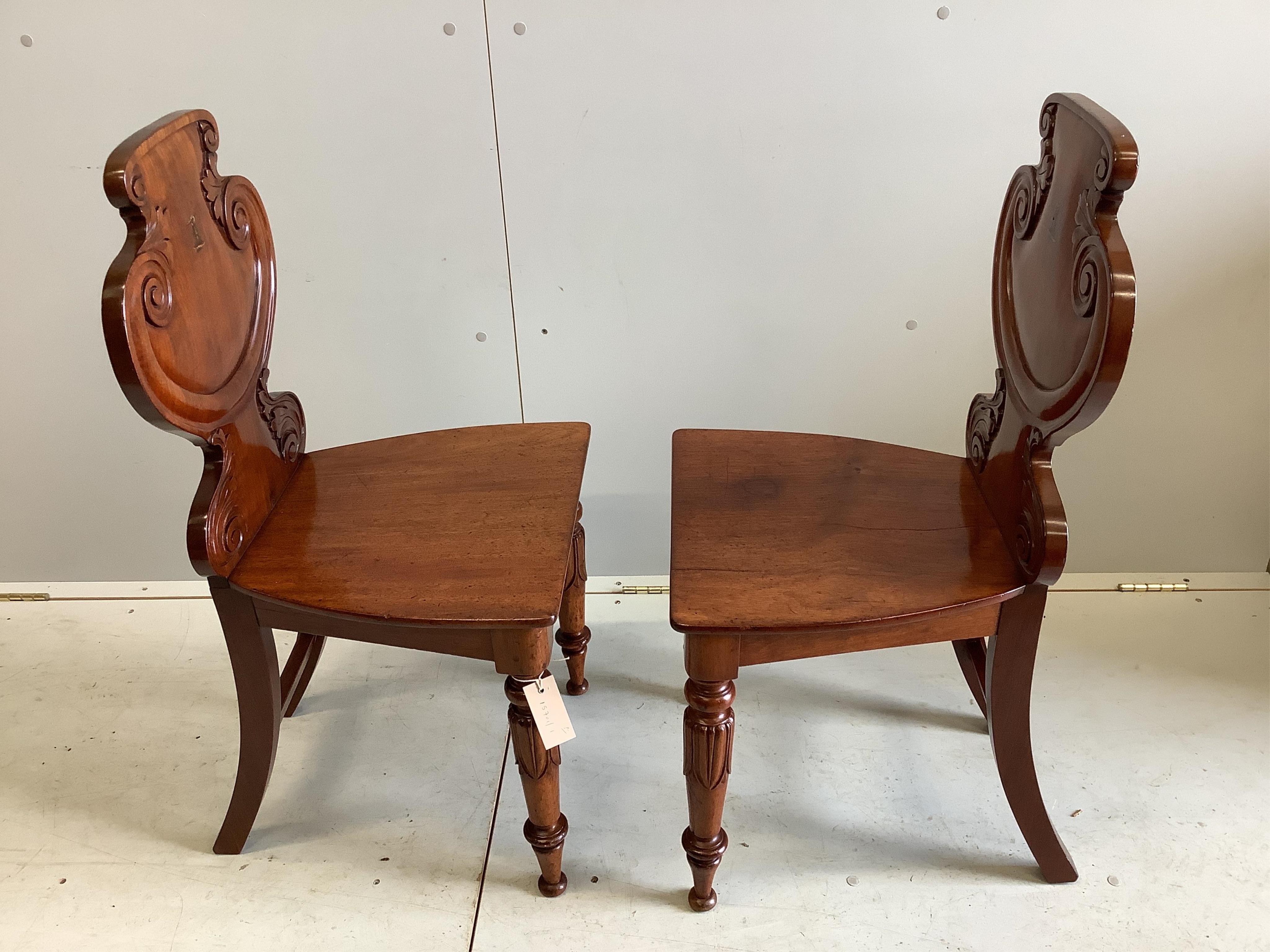 A pair of William IV Irish mahogany hall chairs with painted armorials, width 44cm, depth 38cm, height 84cm. Condition - good